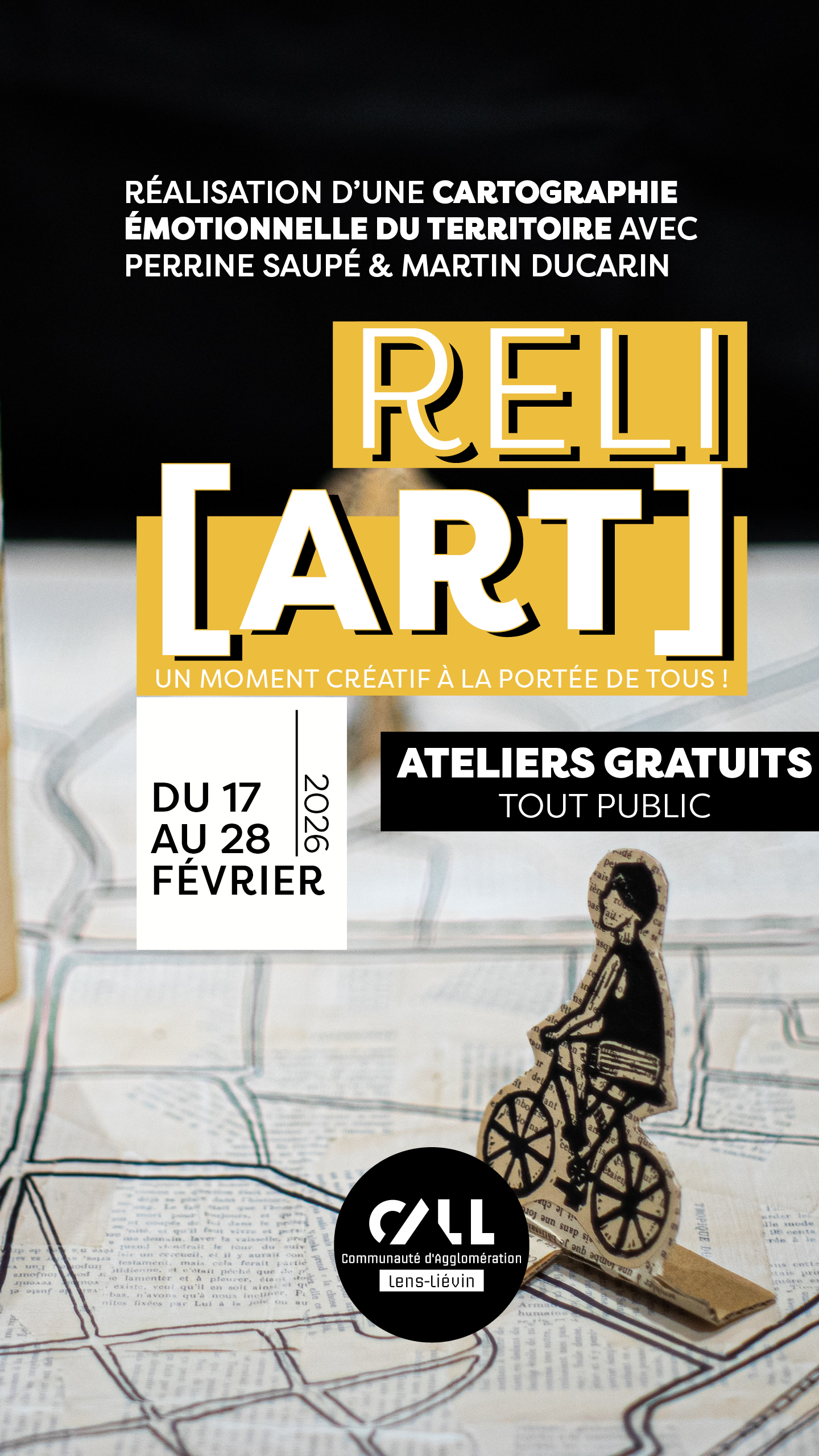 affiche projet reliart avec un bonhomme en carton qui fait du vélo